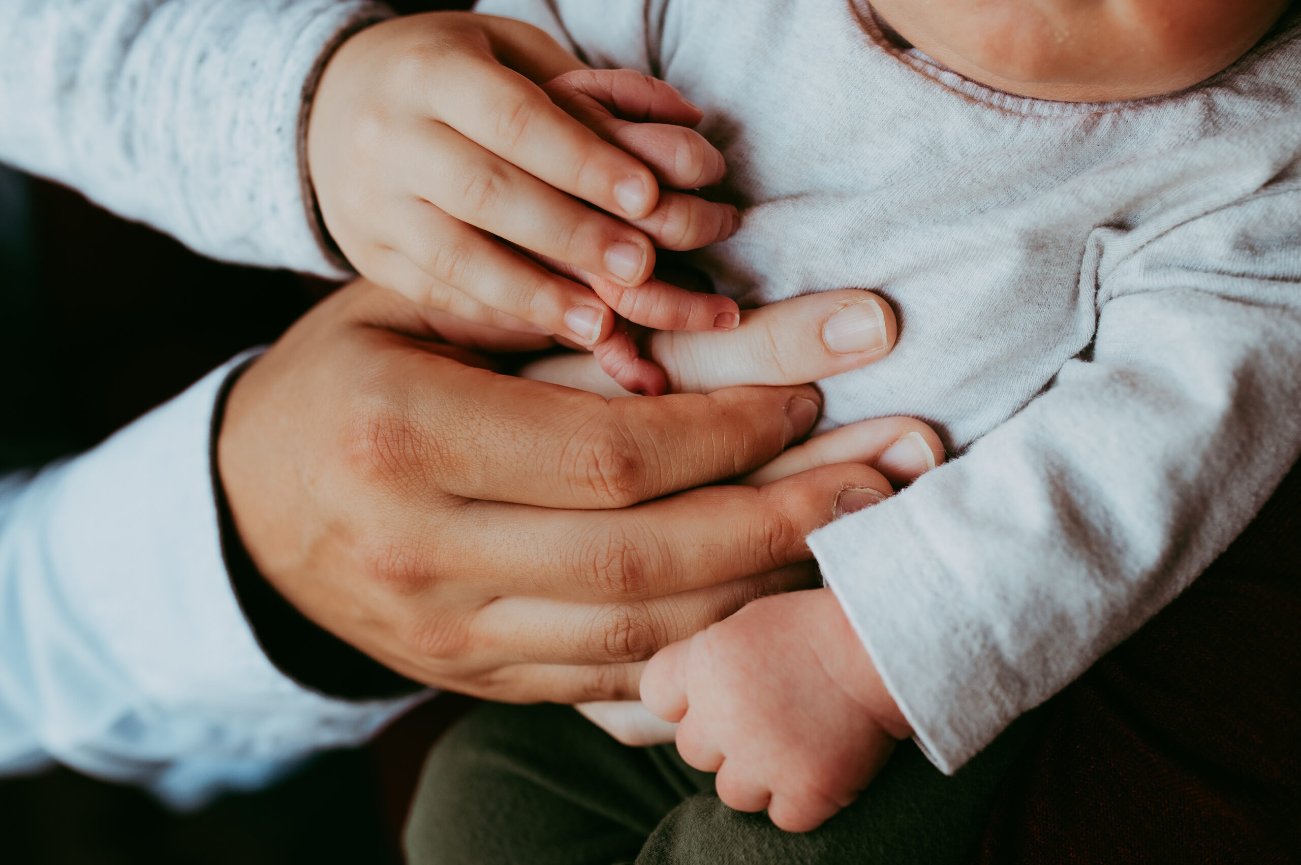 Details der Hände von Neugeborenem und Eltern